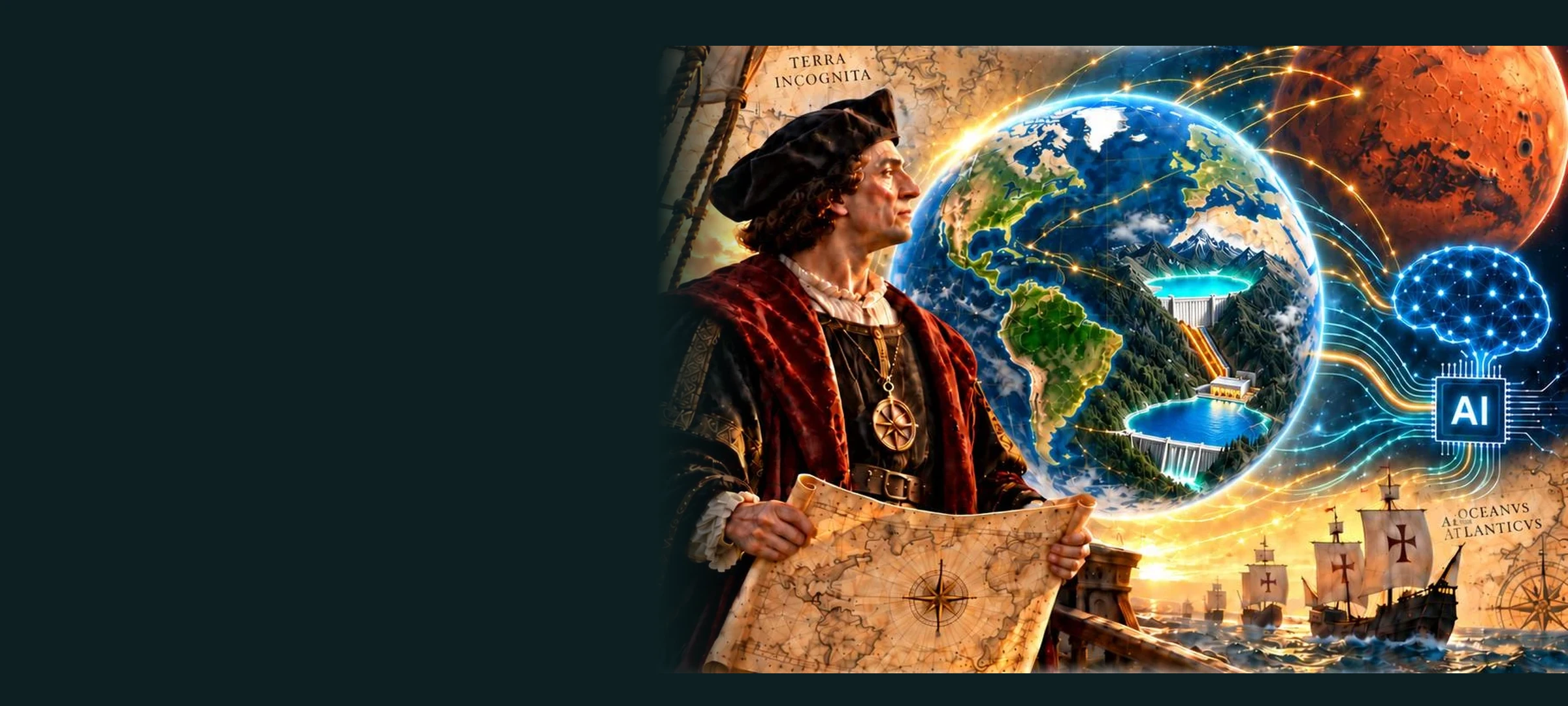 Columbus, Earth with pumped-storage reservoirs, Mars and AI in a shared exploration scene